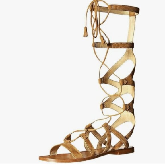 YDN Women Knee High Lace up Flats Fringe Low Heel Gladiator Strap Sandals Brown - Picture 1 of 7